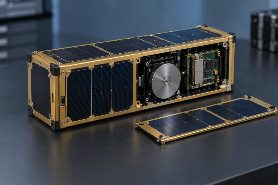 AI concept illustration of a CubeSat with solar panels, a reaction wheel and avionics