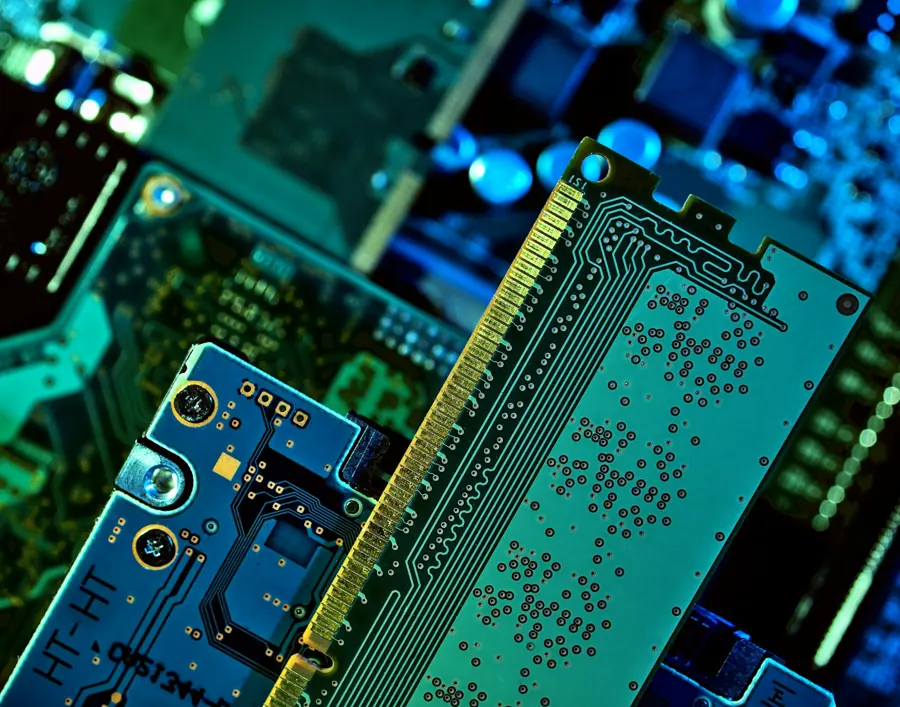 Several circuit boards and memory-card traces arranged under blue and green light; foreground shows PCB traces and plated contacts rather than populated components.